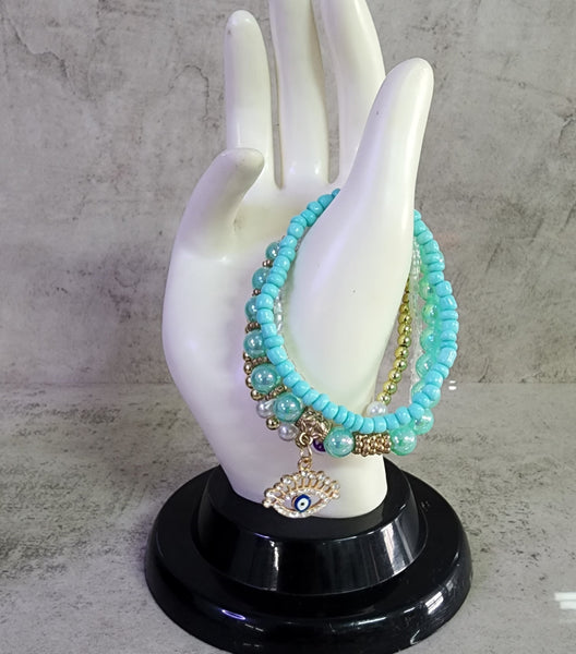 Turquoise, Blue and Gold Evil Eye Bracelet Set
