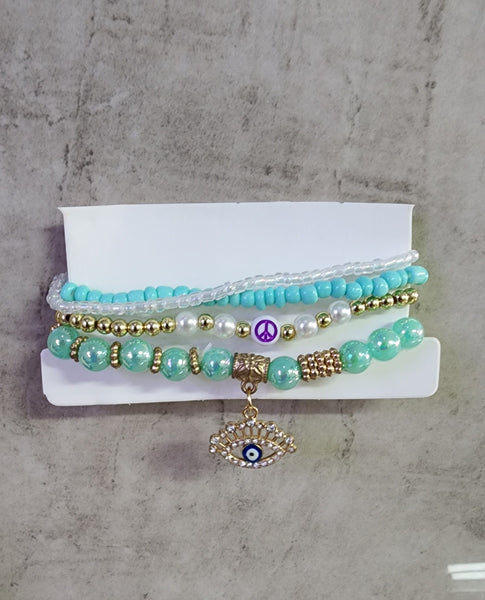 Turquoise, Blue and Gold Evil Eye Bracelet Set