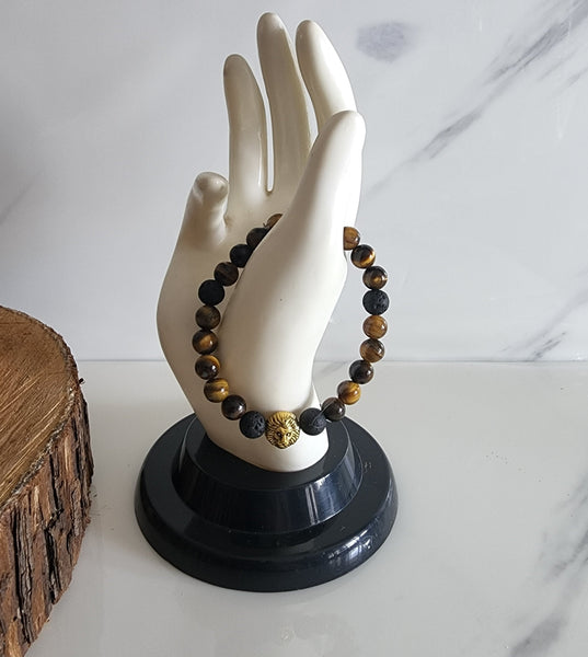 Tigers Eye and Lavastone Lion Bracelet