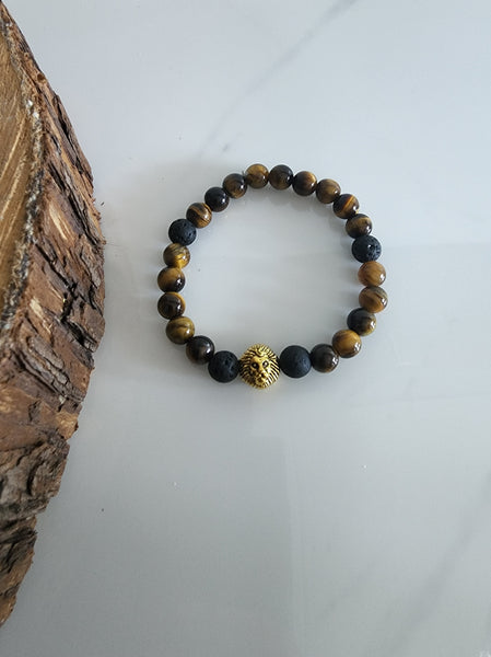 Tigers Eye and Lavastone Lion Bracelet