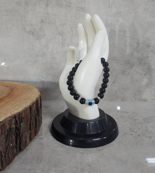 Black Bead Bracelet with Evil Eye - Blue