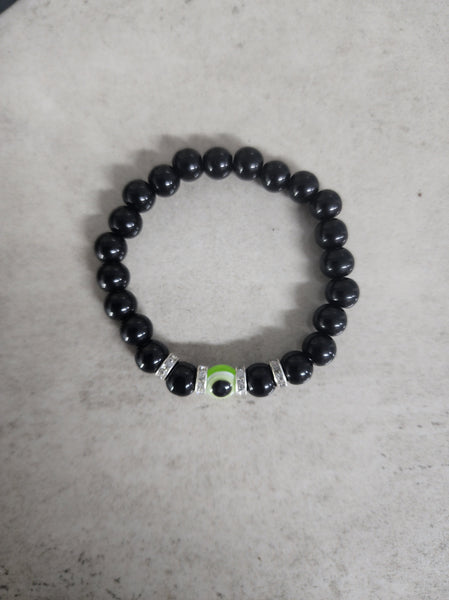 Black Bead Bracelet with Evil Eye - Green