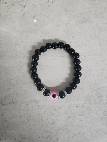 Black Bead Bracelet with Evil Eye - Pink