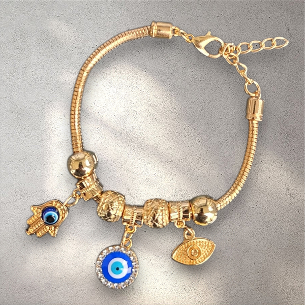 Evil Eye and Hamsa Hand Gold Charm Bracelet