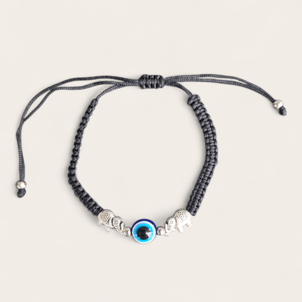 Adjustable Black String with Elephant and Evil Eye