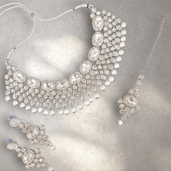 Silver Diamond Pearl Jewellry Set