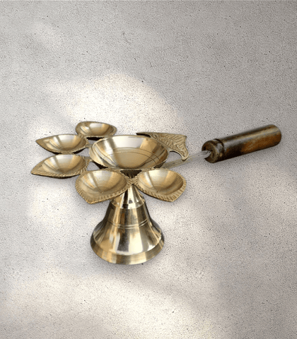 5 Finger Brass Aarti Turner with Wooden Handle