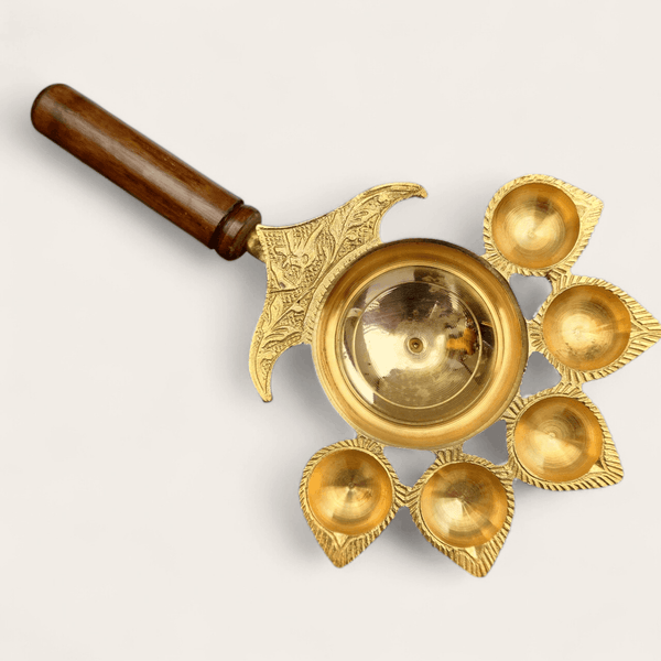 5 Finger Brass Aarti Turner with Wooden Handle - Style 2