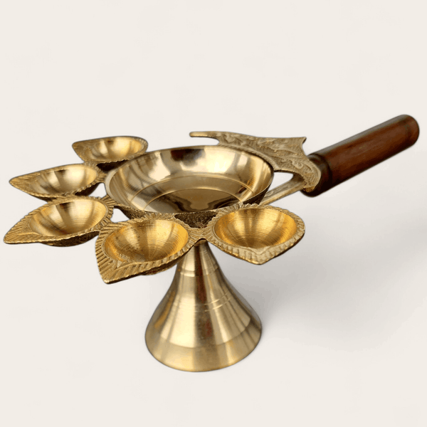 5 Finger Brass Aarti Turner with Wooden Handle - Style 2