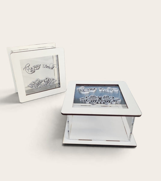Silver and White Happy Diwali Wooden Perspex Box