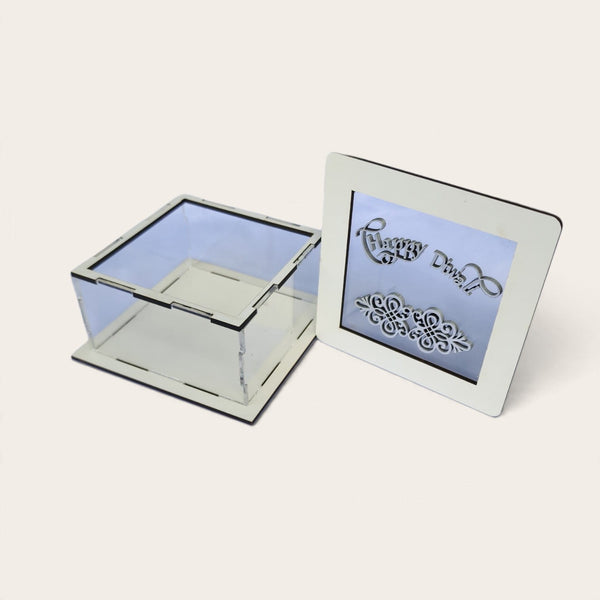 Silver and White Happy Diwali Wooden Perspex Box