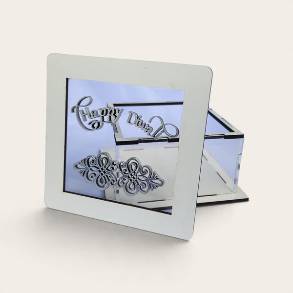 Silver and White Happy Diwali Wooden Perspex Box