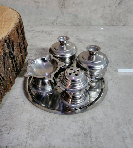 4-in-1 Silver Incense Holder and Aarti Turner with Small Dabbas