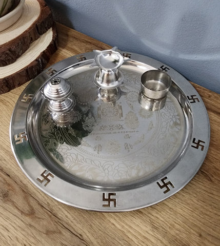 Silver Pooja/Prayer Tray Set with Ganesh and Lakshmi Yantra