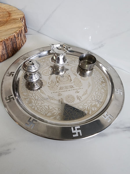 Silver Pooja/Prayer Tray Set with Ganesh and Lakshmi Yantra