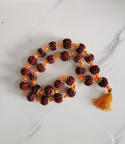 Orange and Gold Capped Large Rudraksha Mala