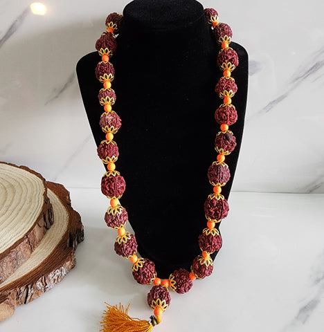 Orange and Gold Capped Large Rudraksha Mala