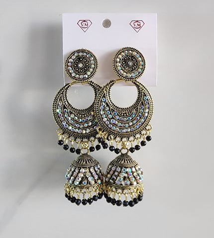 Black, Gold and Silver Long Jhumka (Earring) - Design 1