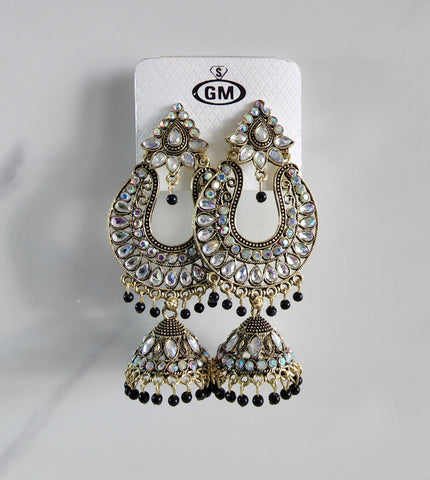 Black, Gold and Silver Long Jhumka (Earring) - Design 2