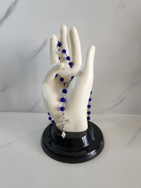 Blue Glass Bead Rosary with Cross