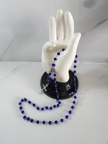 Blue Glass Bead Rosary with Cross
