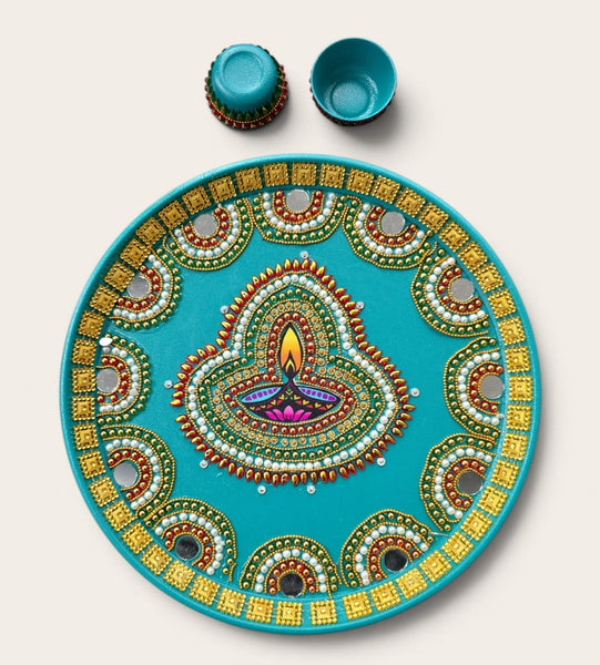 Blue Stainless Steel Diya Pooja Tray