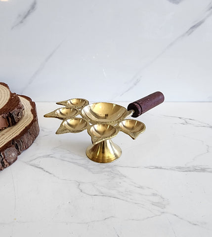 5 Finger Brass Aarti Turner with Wooden Handle