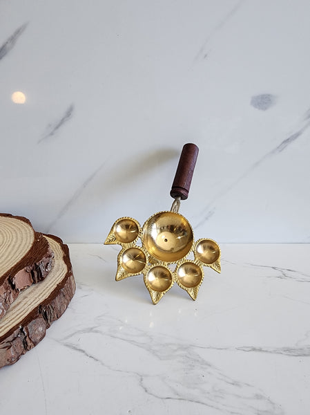 5 Finger Brass Aarti Turner with Wooden Handle