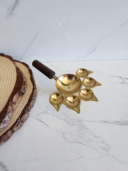 5 Finger Brass Aarti Turner with Wooden Handle