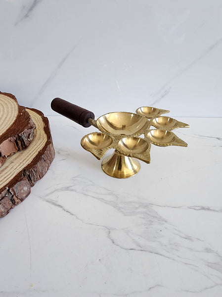 5 Finger Brass Aarti Turner with Wooden Handle