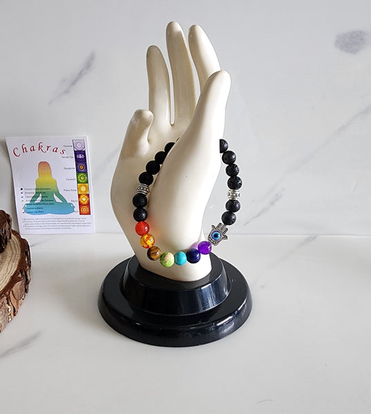 Lavastone Chakra Bracelet with Hamsa Hand and Evil Eye