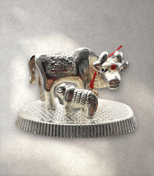 Silver Metal Kamadhenu Cow and Calf Statue