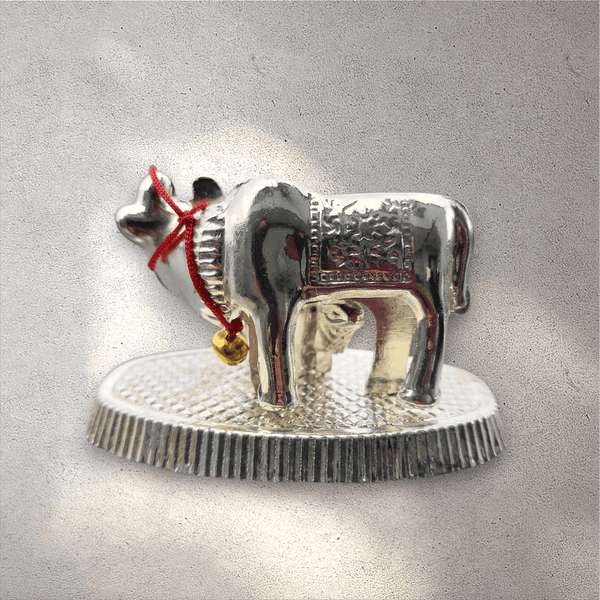 Silver Metal Kamadhenu Cow and Calf Statue