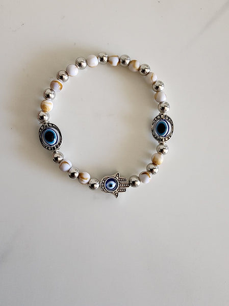 Silver and White Evil Eye Bracelet with Hamsa Hand