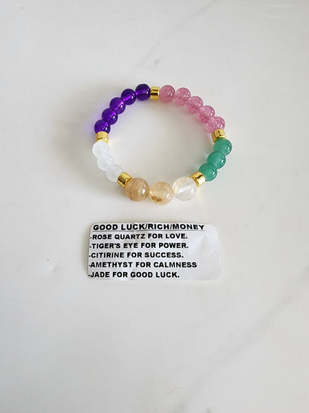 Fortune Crystal Bracelet (Rose Quartz, Tigers Eye, Citrine, Amethyst, Jade)