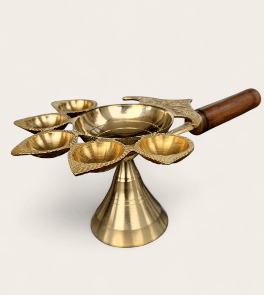 5 Finger Brass Aarti Turner with Wooden Handle - Style 2