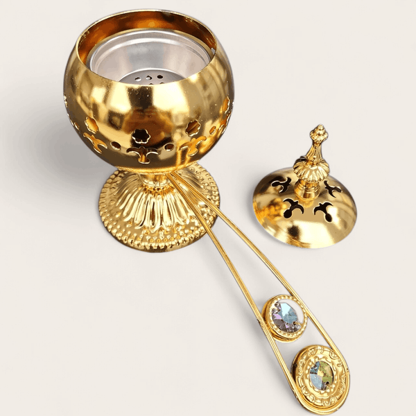 Fancy Metallic Loban Burner with Handle - Gold (20cm)