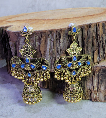 Long Gold and Blue Jhumka (Earring)