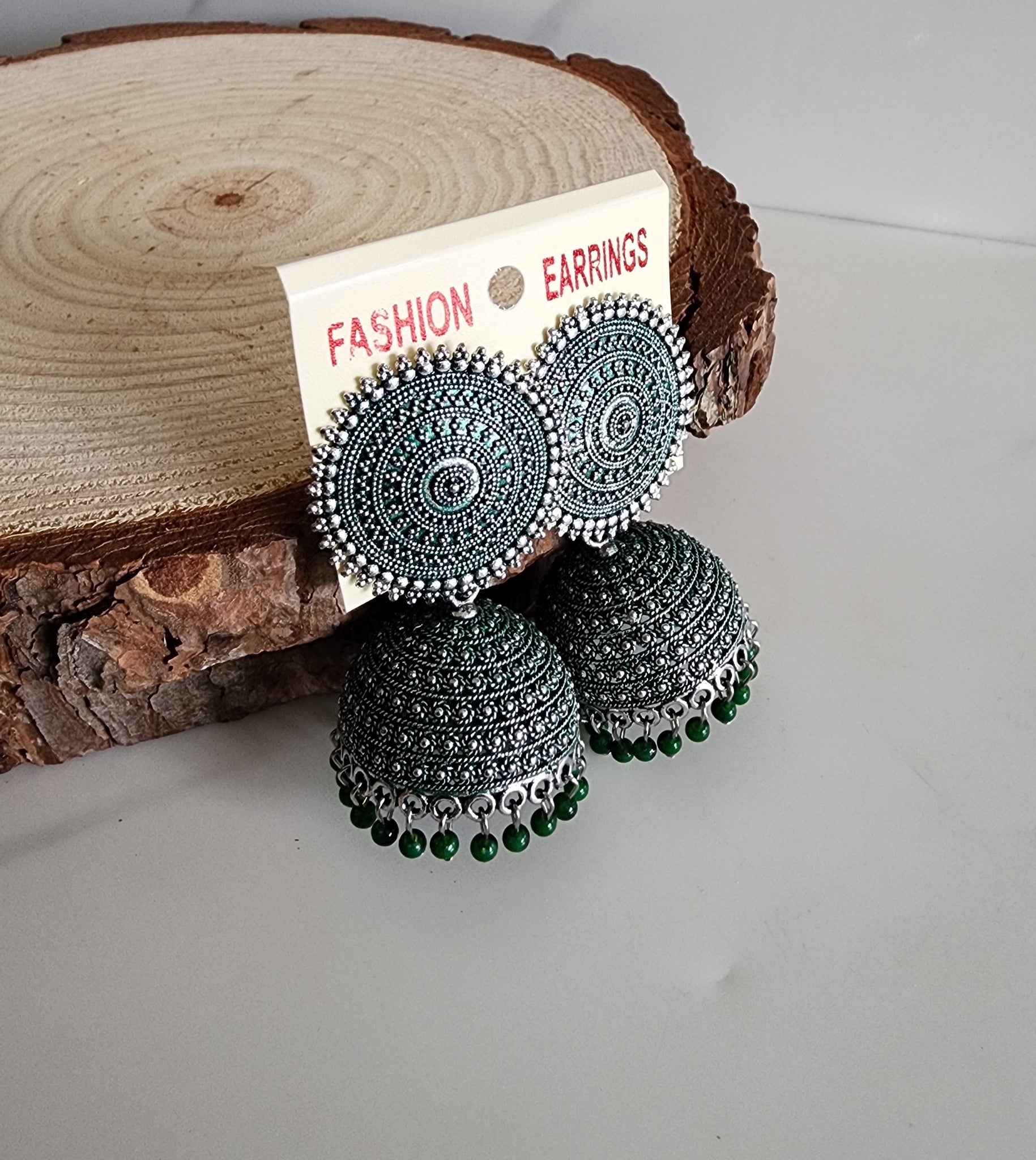 Silver and Green Jhumka (Earring) - Design 2