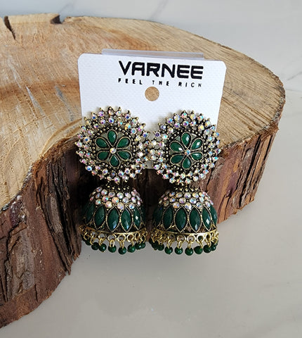 Silver and Green Jhumka (Earring) - Design 1