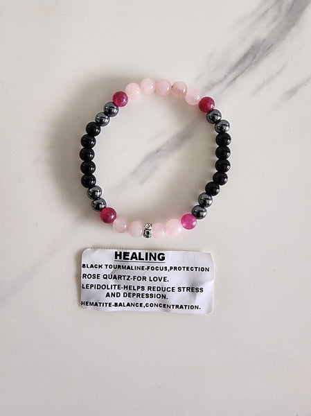 Healing Bracelet (Black Tourmaline, Rose Quartz, Lepidolite and Hematite)