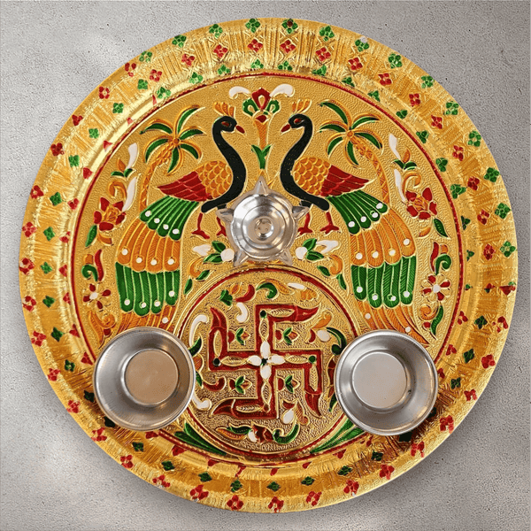 Peacock Swastik Meena Stainless Steel Pooja Tray