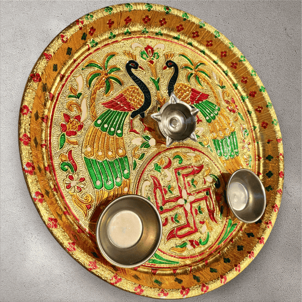 Peacock Swastik Meena Stainless Steel Pooja Tray