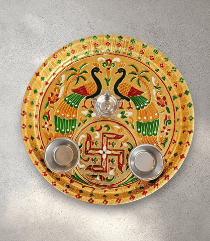 Peacock Swastik Meena Stainless Steel Pooja Tray