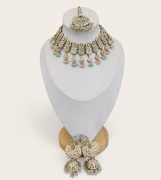 Light Pink and Green Soft Choker Jewellery Set