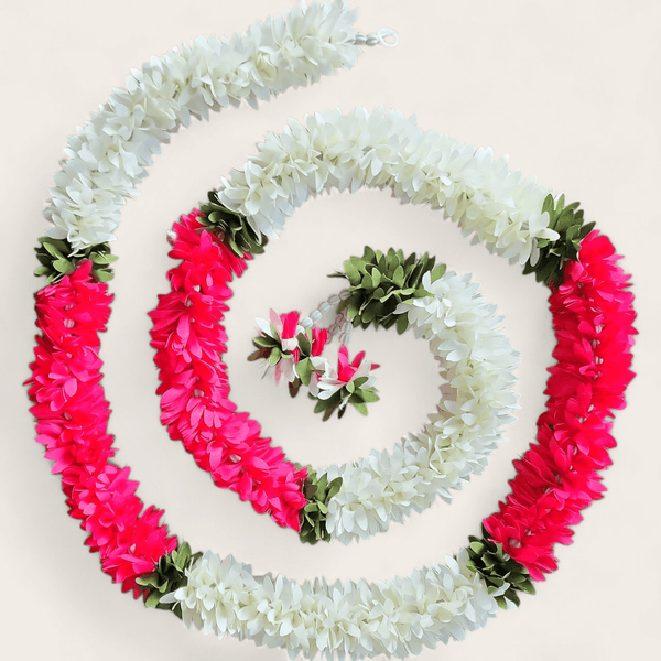 Fuchsia Pink and White with Green Leaf Garland (165 cm)