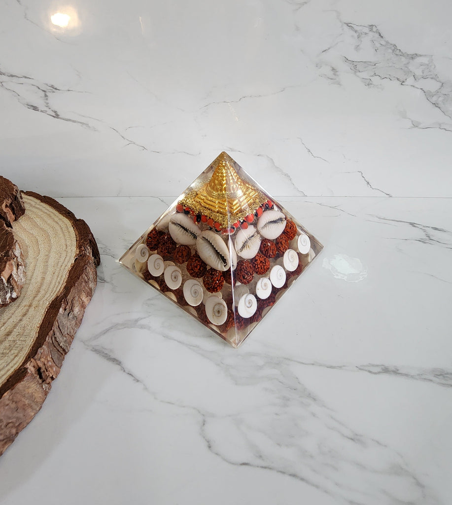 Yantra Gomati Chakra Pyramid with Rudraksha and Cowrie Shells (Golden ...