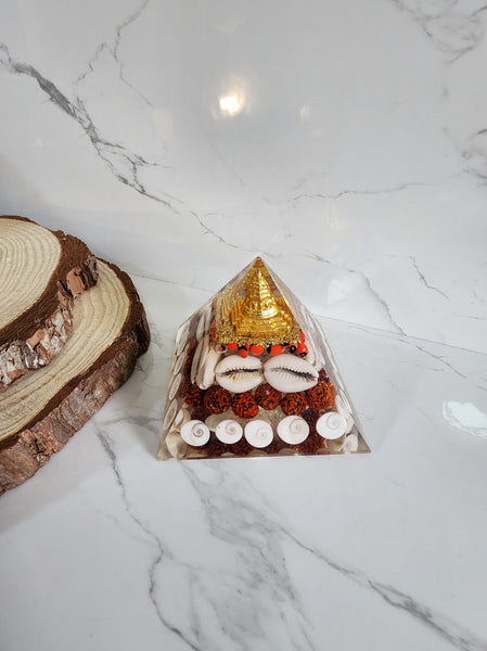 Yantra Gomati Chakra Pyramid with Rudraksha and Cowrie Shells (Golden Energy Pyramid)