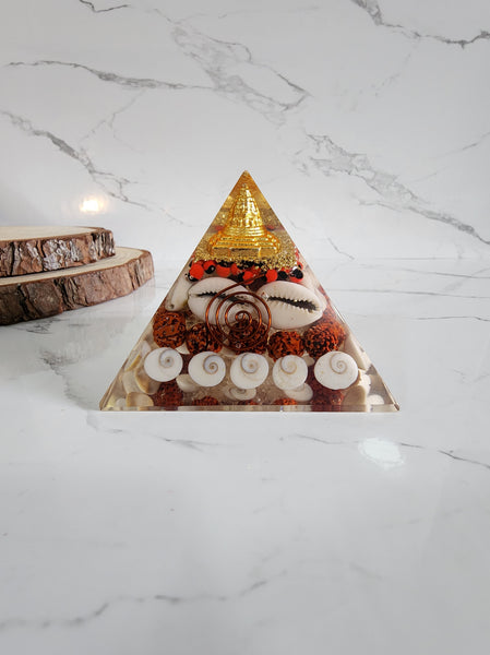 Yantra Gomati Chakra Pyramid with Rudraksha and Cowrie Shells (Golden Energy Pyramid)