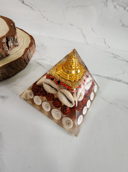 Yantra Gomati Chakra Pyramid with Rudraksha and Cowrie Shells (Golden Energy Pyramid)